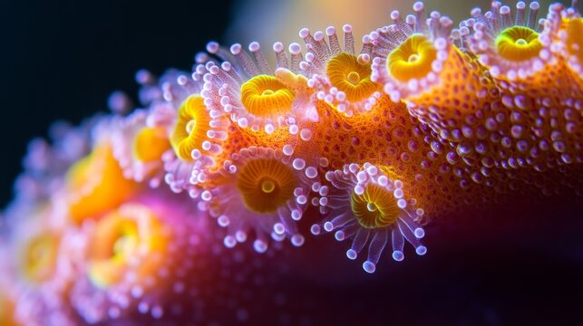 A close-up photograph of tiny, colorful coral animals on a hammer-shaped coral.