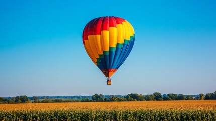Fototapeta premium A colorful hot air balloon soars over cornfields, with a clear blue sky as its backdrop.