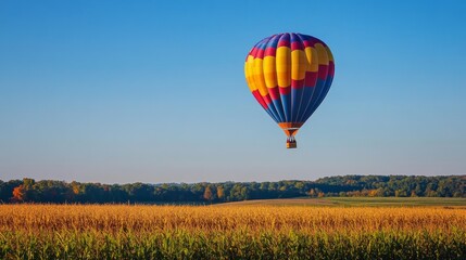 Obraz premium A colorful hot air balloon soars over cornfields, with a clear blue sky as its backdrop.