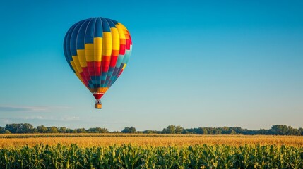 A colorful hot air balloon soars over cornfields, with a clear blue sky as its backdrop.
