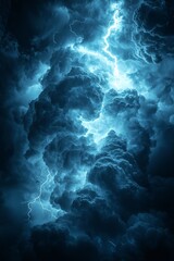 Obraz premium A dark blue sky with a lot of clouds and a lightning bolt