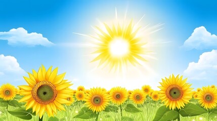 Bright Sunflowers Under a Vibrant Blue Sky with Sunny Clouds