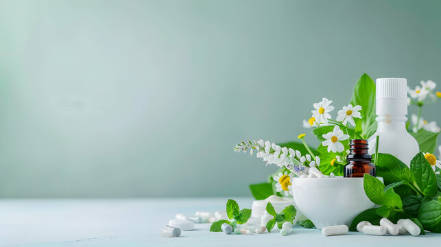 Herbal remedy setup with essential oils, flowers, and pills on a serene background for wellness
