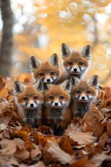 A group of foxes sitting in a pile of leaves