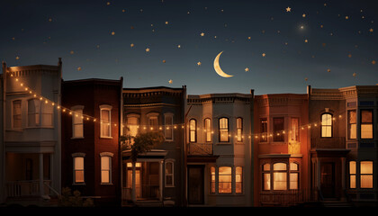 Night Scene Row Houses String Lights Crescent Moon Stars