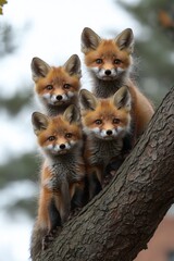 Fototapeta premium A group of foxes sitting on top of a tree branch