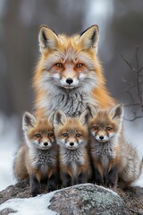 Obraz premium A mother fox and her three cubs sitting on a rock in the snow