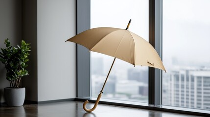 Fototapeta premium Elegant beige umbrella standing in modern interior with large overlooking urban cityscape