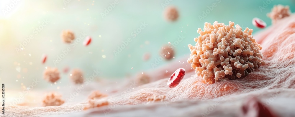 Poster microscopic view of a cell cluster with red blood cells nearby a detailed 3d rendering of cellular a