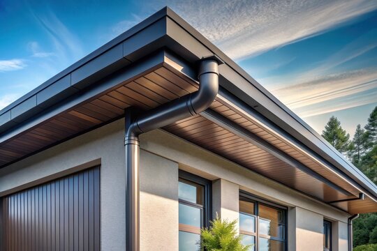 Contemporary home exterior showcasing sleek dark gutters and a warm copper-toned soffit under a bright blue sky