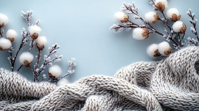 Simple winter scene knitted plaid and cotton branch on pastel grey.