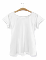 A white t-shirt on a hanger, front view, isolated on a white background with a simple and clean design.