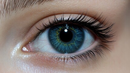 Fototapeta premium Close-up photo of a blue eye. It's a detailed image of the green eye. It shows the health of the visual center. It also highlights good vision and eye problems.