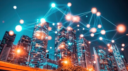 Modern Cityscape at Night Illuminated Buildings Network Technology Connections Smart City Digital Infrastructure