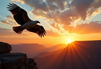 Fototapeta premium Celebrate the tenacity of life with this stunning photograph: A soaring condor with outstretched wings dominates the sky over a sunlit canyon, embodying the resilience of endangered species and the cr