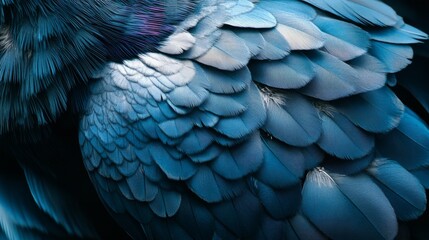 Close-up photo of a blue-feathered pigeon that can also be used as a texture or background.