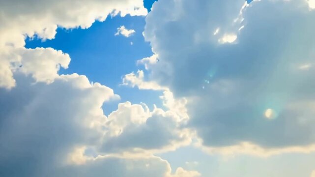 Fluffy clouds slowly drift against bright blue sky with sunlight rays