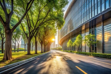Fototapeta premium Serene urban landscape sunlit asphalt road curves past lush green trees and a modern glass building at sunrise