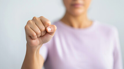 Woman raising her fist in a powerful gesture, symbolizing strength, protest, or resistance