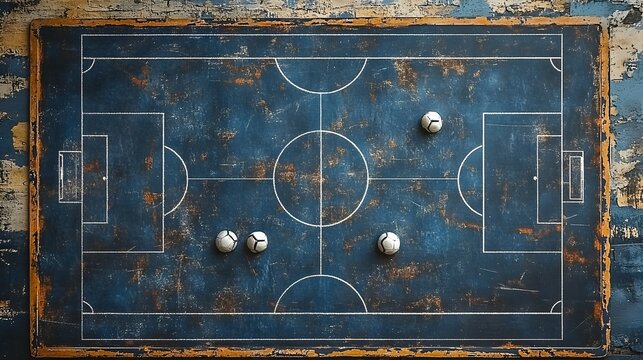 Football Field Strategy Board with Balls on Rustic Textured Background