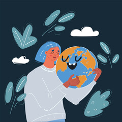 Cartoon vector illustration of woman embracing smiling globe