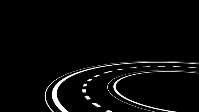 Minimalist curved road on black, abstract white dashed path animation