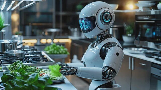 Culinary Robot in Modern Kitchen: A futuristic, state-of-the-art robot prepares a fresh meal in a high-tech kitchen, highlighting the intersection of automation and gastronomy.