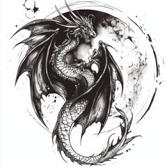Fototapeta premium A black and white drawing of a dragon in a circle