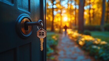 Autumn home key, door opening to path, sunset