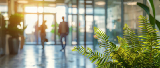A modern office interior with fern plants in the foreground and blurred people walking through glass doors in the background, creating a photorealistic and cinematic look.