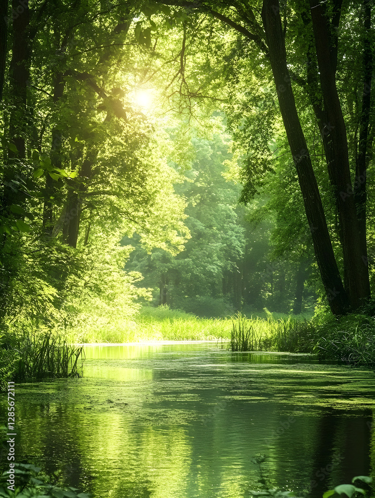 Poster sunlit forest stream with abundant green foliage and tranquil waters : generative ai