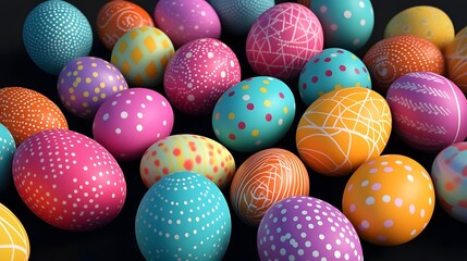 Obraz premium Colorful 3D Rendered Easter Eggs Pattern with Diverse Decorative Designs