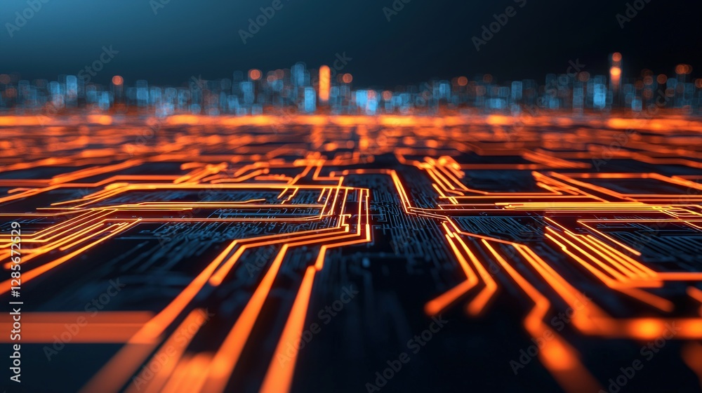 Aufkleber Abstract Circuit Board Design with Glowing Orange Lines and Pattern