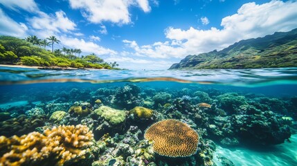 Fototapeta premium Discover the underwater wonders of Snorkeling Bay in Oahu, Hawaii. Explore vibrant coral reefs and encounter diverse marine life in this stunning bay.