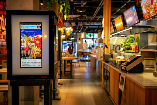 Modern Automated Restaurant Interior with Digital QR Code Payment Station Showing Future of Cashless Dining Technology