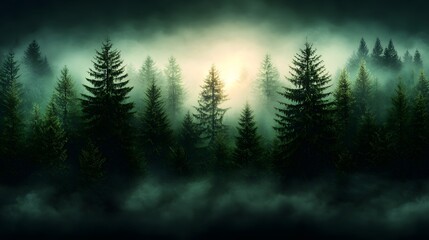 Obraz premium Breathtaking photograph of a foggy pine forest at dawn with soft golden light gently breaking through the misty haze creating a serene and ethereal atmosphere
