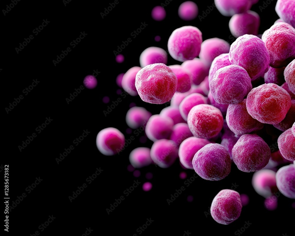 Aufkleber microscopic view of pink cells cluster floating in dark background medical science research concept