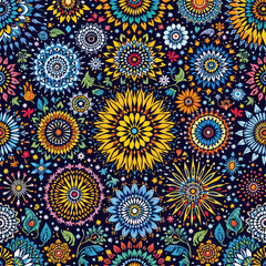 a variety of colorful flowers and sunflowers arranged in a symmetrical and intricate design, with a mix of blue, yellow, orange, and pink hues.