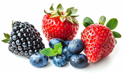 Obraz premium A mix of strawberries, blackberries, and blueberries isolated on a white background.