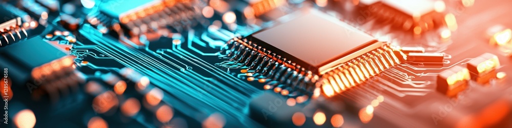 Poster close-up view of modern microchips and circuit board technology