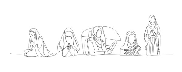 Set of Arab woman, women s rights one line art. Continuous line drawing of online Muslims, Islam, traditions, clothing, folk, oriental.