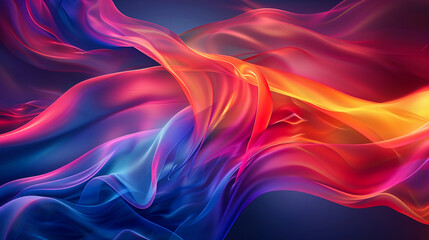 A vibrant, abstract image featuring flowing, colorful waves of light in shades of red, orange, pink, purple, and blue against a dark background.