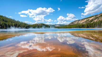 Marvel at the Grand Prismatic Spring in Yellowstone National Park, where vibrant colors create a stunning natural masterpiece.