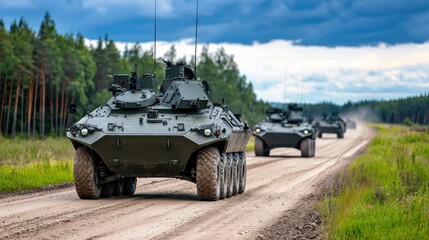 Fototapeta premium Military Tanks Driving on Dirt Road Through Pine Forest Under Cloudy Sky