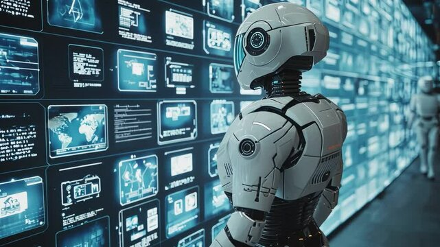 Future Vision: A sophisticated robot stands before a wall of interactive displays, representing technology's power, innovation, and the rise of artificial intelligence.