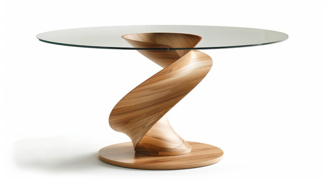 A modern glass dining table with a wooden base and spiral design is isolated on a white background in a detailed illustration.