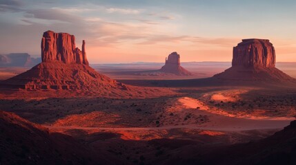 Naklejka premium Monument Valley in Utah is a famous scene from western movies. The red rock formations and rugged terrain have made it a popular destination for tourists and photographers.