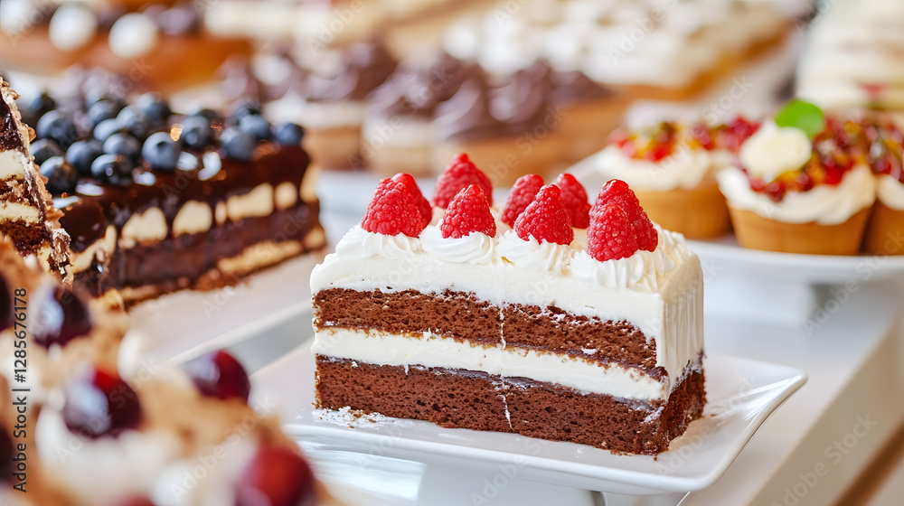 Poster exquisite chocolate raspberry cake with fresh cream layers and elegant dessert presentation : genera