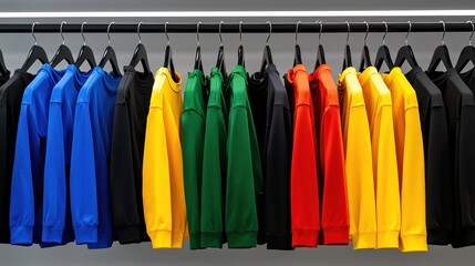 Colorful hoodie display urban fashion store apparel showcase modern retail environment eye-level view vibrant style concept