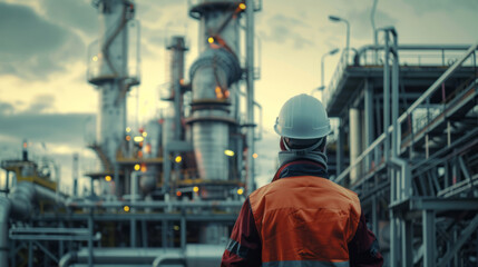 Fototapeta premium The back of an engineer wearing a safety helmet and vest, standing in front of a gas plant with metal pipes, in an industrial area at an oil production facility.